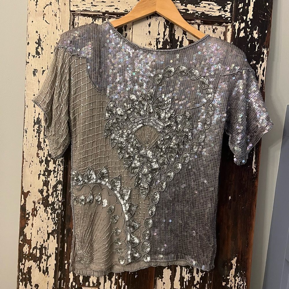 Vintage Dominique 100% silk beaded sequined cocktail top. Size M. EUC.